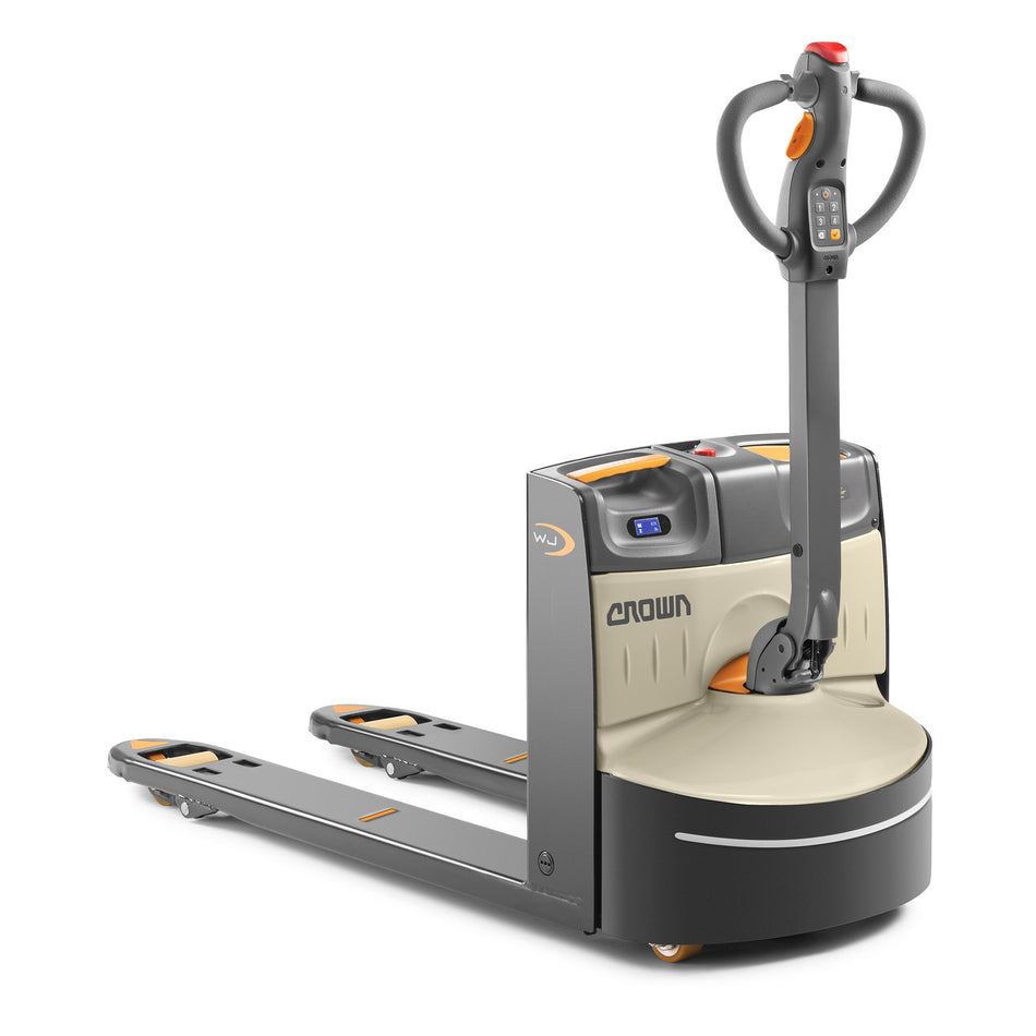 Crown WJ 50 Series compact electric pallet truck, Load Capacity 1,500 kg, Fork L 990 mm x W 685 mm, Battery 48 V/ 19.6 Ah, 5 A charger on board, Tandem Polyurethane Load Wheels