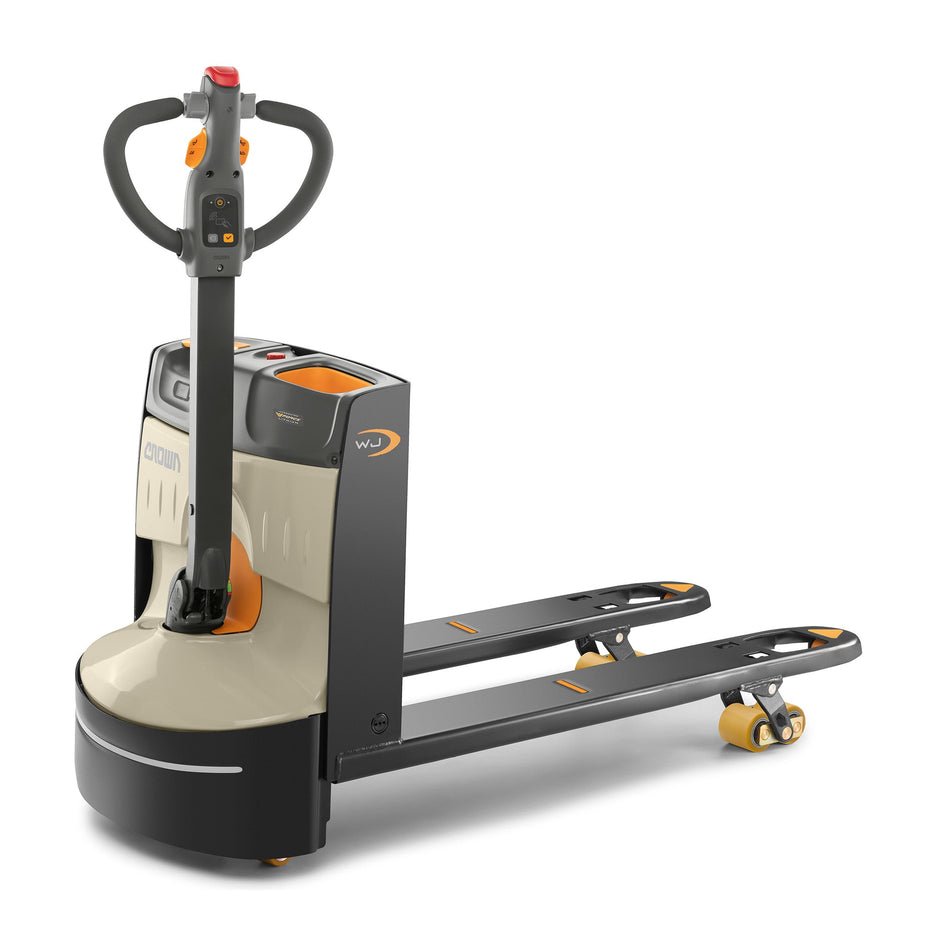 Crown WJ 50 Series compact electric pallet truck, Load Capacity 1,500 kg, Fork L 990 mm x W 685 mm, Battery 48 V/ 19.6 Ah, 5 A charger on board, Tandem Polyurethane Load Wheels